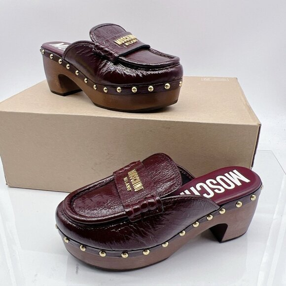MOSCHINO 70MM Logo Patent Leather Platform Clogs BORDEAUX Red Womens EU 35 $770 - Picture 2 of 11